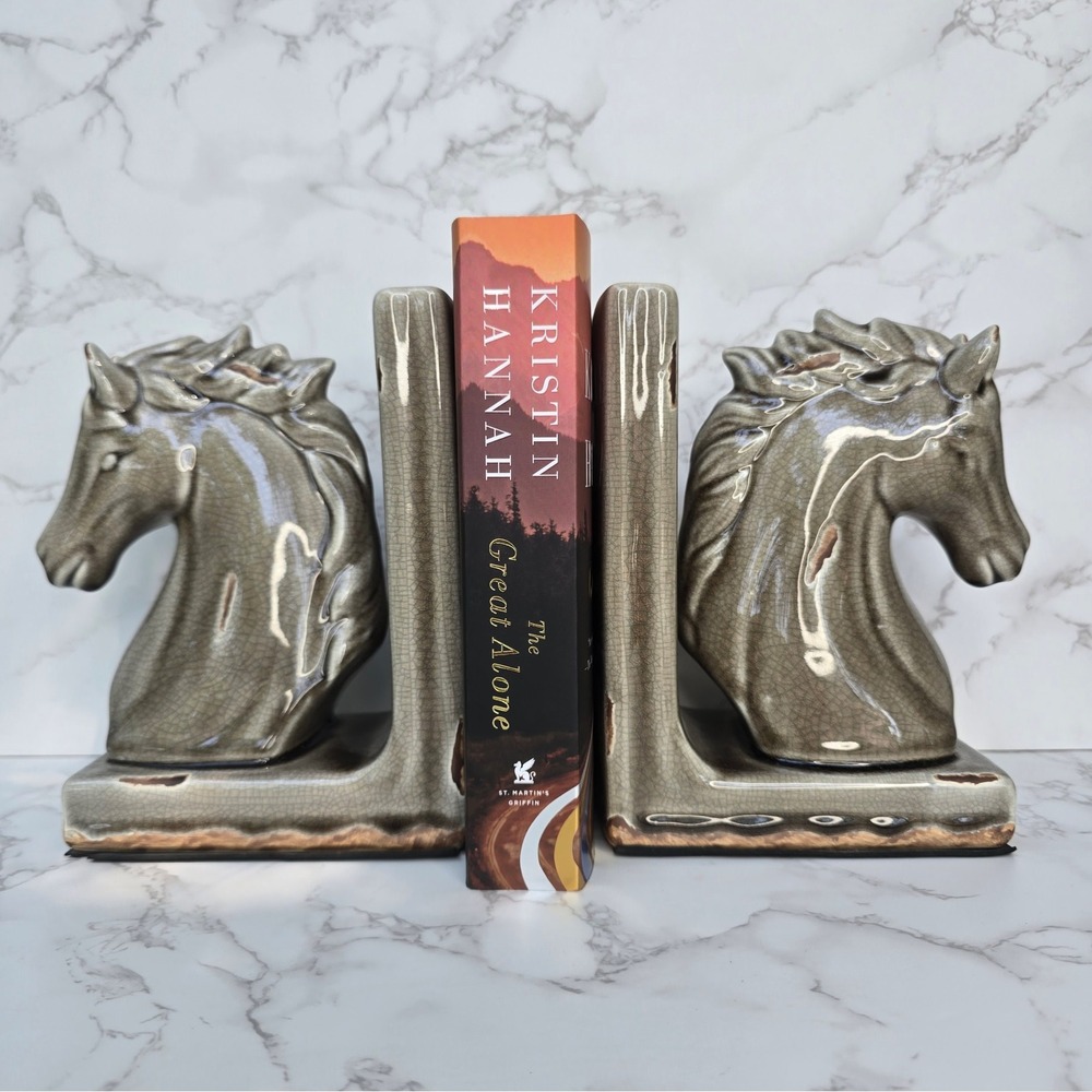 Vintage MCM Ceramic Horse Head Bookends Crackle Glaze Equestrian Decor Set - Picture 11 of 15